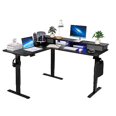 Electric L-Shaped Standing Desk 63" Corner Workstation with Power Ports