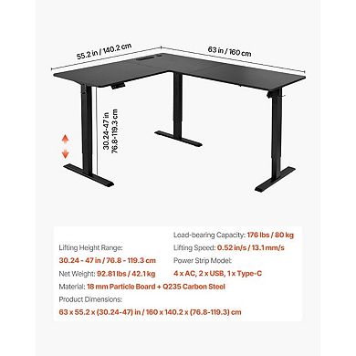 Electric L-Shaped Standing Desk 63" Corner Workstation with Charging Ports