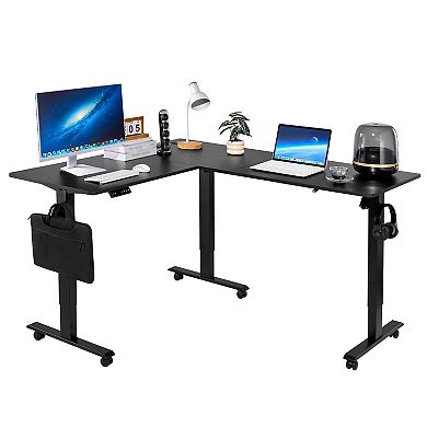 Electric L-Shaped Standing Desk 63" Corner Workstation with Charging Ports