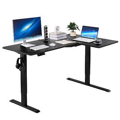 Electric Height-Adjustable Corner Desk with Hooks and Wide Work Surface