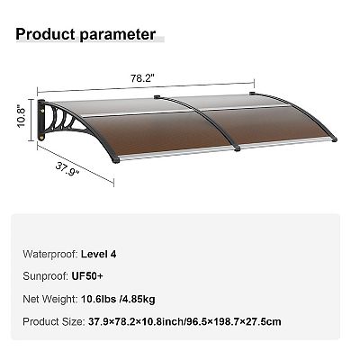 Outdoor Door Canopy 38" x 78" Clear Polycarbonate Entryway Cover