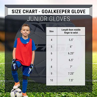 Vizari Junior Stopper F.P Soccer Goalie Gloves with grip boost, padded palm, and fingersave tech.