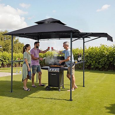 Patio Grill Gazebo 8x5 with Double-Tier Roof and Side Awnings