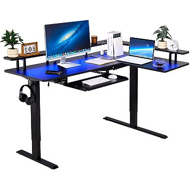 L-Shaped Electric Sit-Stand Desk with USB Ports and Sliding Keyboard Tray