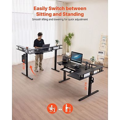 L-Shaped Electric Sit-Stand Desk with USB Ports and Sliding Keyboard Tray
