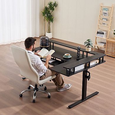 L-Shaped Electric Sit-Stand Desk with USB Ports and Sliding Keyboard Tray