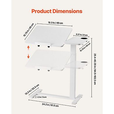 Adjustable Overbed Table with Tilt Top, Cup Holder and Hidden Wheels White