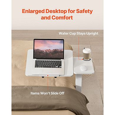 Adjustable Overbed Table with Tilt Top, Cup Holder and Hidden Wheels White