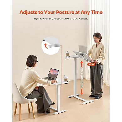 Adjustable Overbed Table with Tilt Top, Cup Holder and Hidden Wheels White