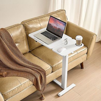 Adjustable Overbed Table with Tilt Top, Cup Holder and Hidden Wheels White