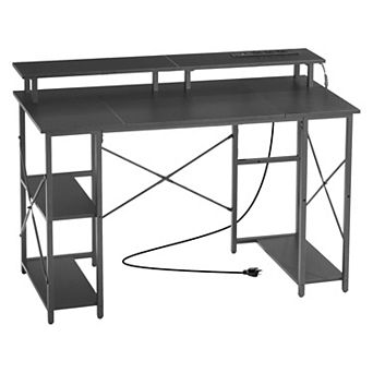 47" RGB Computer Desk with Power Outlets, USB Ports, Shelf and Monitor Stand Black