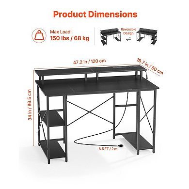47" RGB Computer Desk with Power Outlets, USB Ports, Shelf and Monitor Stand Black
