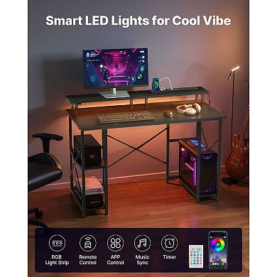 47" RGB Computer Desk with Power Outlets, USB Ports, Shelf and Monitor Stand Black