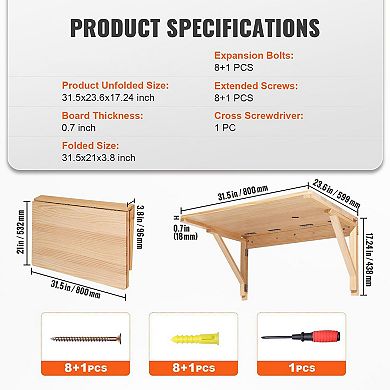 Wall-Mounted Folding Table 31.5" for Small Spaces with Solid Wood Top Natural