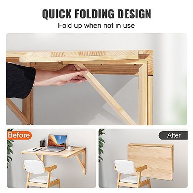 Wall-Mounted Folding Table 31.5" for Small Spaces with Solid Wood Top Natural