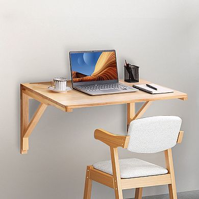 Wall-Mounted Folding Table 31.5" for Small Spaces with Solid Wood Top Natural