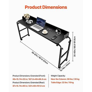 Adjustable Overbed Table with Power Outlets, USB Ports and Rolling Wheels Black