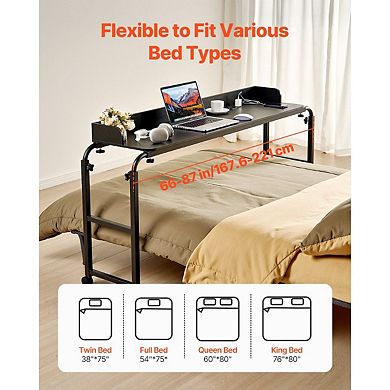 Adjustable Overbed Table with Power Outlets, USB Ports and Rolling Wheels Black