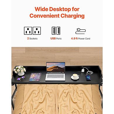 Adjustable Overbed Table with Power Outlets, USB Ports and Rolling Wheels Black
