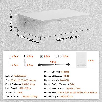Wall-Mounted Folding Desk 24" White Drop Leaf Table for Small Spaces