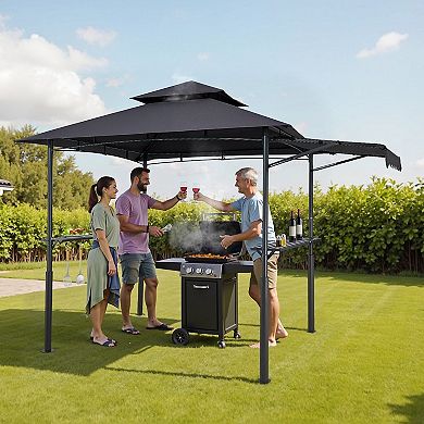 Outdoor Grill Gazebo 8x5 ft with Vent Roof, Tool Hooks, and Side Awnings
