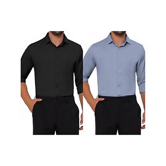 2 Packs Men's Point Collar Button Long Sleeve Solid Color Business Dress Shirt