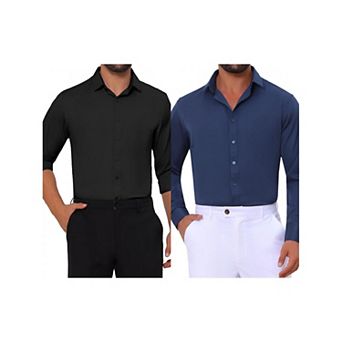 2 Packs Men's Point Collar Button Long Sleeve Solid Color Business Dress Shirt