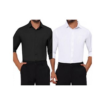 2 Packs Men's Point Collar Button Long Sleeve Solid Color Business Dress Shirt