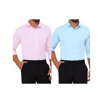 2 Packs Men's Point Collar Button Long Sleeve Solid Color Business Dress Shirt