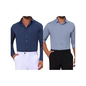 2 Packs Men's Point Collar Button Long Sleeve Solid Color Business Dress Shirt