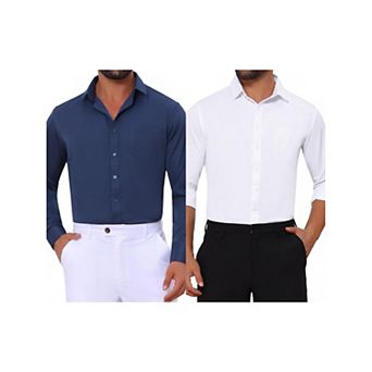 2 Packs Men's Point Collar Button Long Sleeve Solid Color Business Dress Shirt
