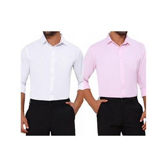 2 Packs Men's Point Collar Button Long Sleeve Solid Color Business Dress Shirt