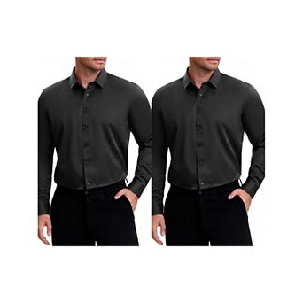 2 Packs Men's Point Collar Long Sleeve Button Down Solid Formal Dress Shirts