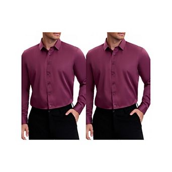 2 Packs Men's Point Collar Long Sleeve Button Down Solid Formal Dress Shirts
