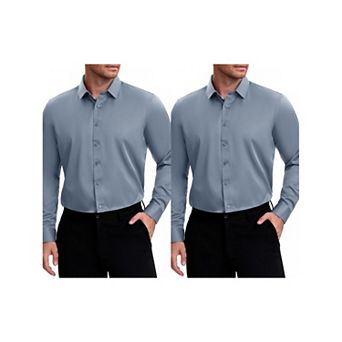 2 Packs Men's Point Collar Long Sleeve Button Down Solid Formal Dress Shirts