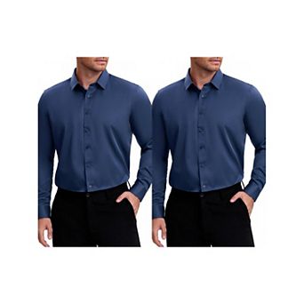 2 Packs Men's Point Collar Long Sleeve Button Down Solid Formal Dress Shirts