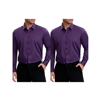2 Packs Men's Point Collar Long Sleeve Button Down Solid Formal Dress Shirts