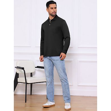 2 Packs Men's Contrast Button Collared Pocket Long Sleeves Golf Polos with Pockets