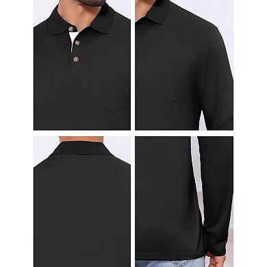 2 Packs Men's Contrast Button Collared Pocket Long Sleeves Golf Polos with Pockets