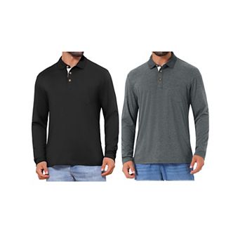 2 Packs Men's Contrast Button Collared Pocket Long Sleeves Golf Polos with Pockets