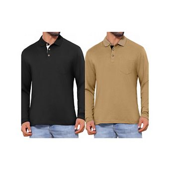 2 Packs Men's Contrast Button Collared Pocket Long Sleeves Golf Polos with Pockets
