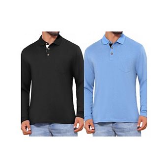 2 Packs Men's Contrast Button Collared Pocket Long Sleeves Golf Polos with Pockets
