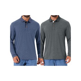 2 Packs Men's Contrast Button Collared Pocket Long Sleeves Golf Polos with Pockets