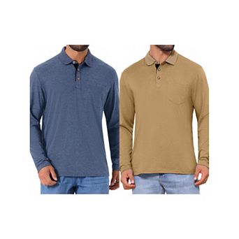 2 Packs Men's Contrast Button Collared Pocket Long Sleeves Golf Polos with Pockets