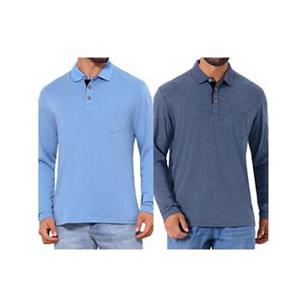 2 Packs Men's Contrast Button Collared Pocket Long Sleeves Golf Polos with Pockets