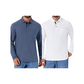 2 Packs Men's Contrast Button Collared Pocket Long Sleeves Golf Polos with Pockets