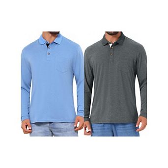 2 Packs Men's Contrast Button Collared Pocket Long Sleeves Golf Polos with Pockets
