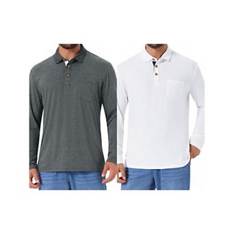 2 Packs Men's Contrast Button Collared Pocket Long Sleeves Golf Polos with Pockets