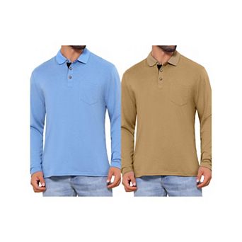 2 Packs Men's Contrast Button Collared Pocket Long Sleeves Golf Polos with Pockets