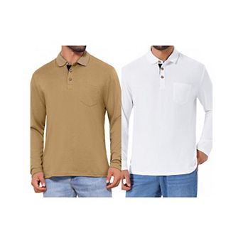 2 Packs Men's Contrast Button Collared Pocket Long Sleeves Golf Polos with Pockets